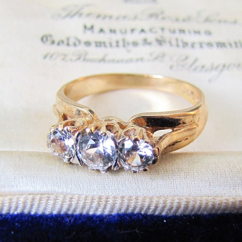 1970s Vintage 9ct Gold 3 Stone Trilogy Ring, Clear White Zircons - MercyMadge