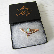 Load image into Gallery viewer, Murrle Bennett Art Nouveau Opal, Ruby &amp; Pearl 9ct Gold Brooch - MercyMadge
