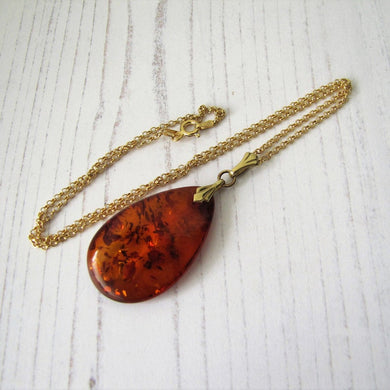 Vintage Baltic Amber Teardrop Pendant & Chain