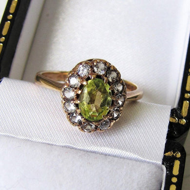 Vintage 9ct Gold Peridot & Spinel Halo Ring - MercyMadge