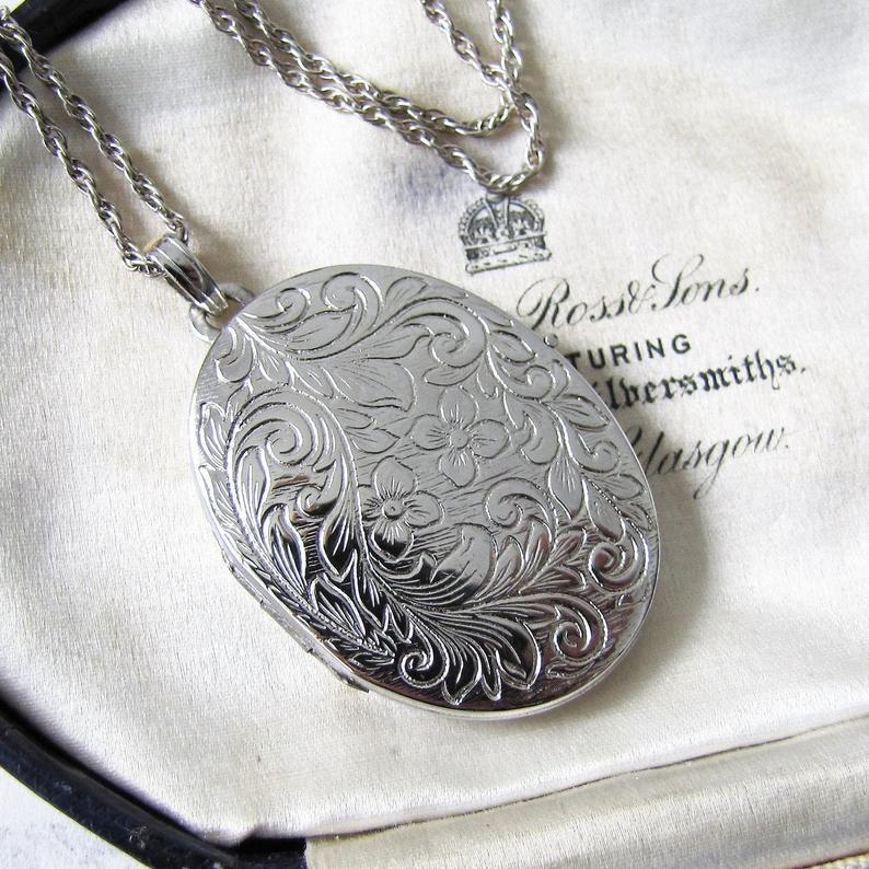 Vintage Victorian Revival English Silver Locket & Rope Chain