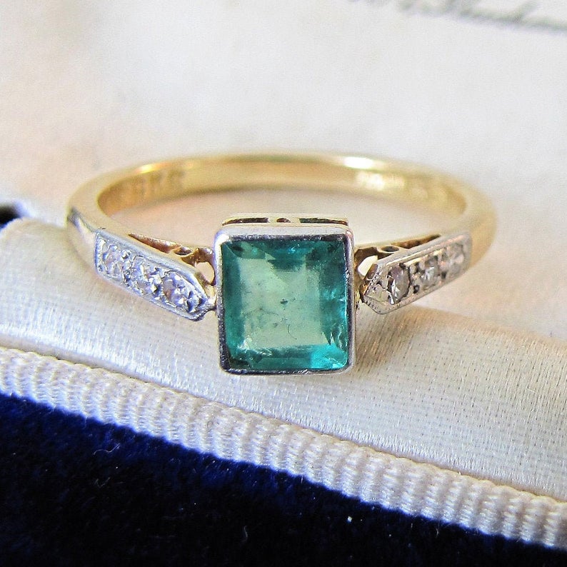 Art Deco Square Cut Emerald & Diamond Engagement Ring