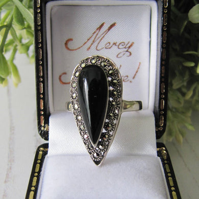 Vintage Whitby Jet, Sterling Silver & Marcasite Ring