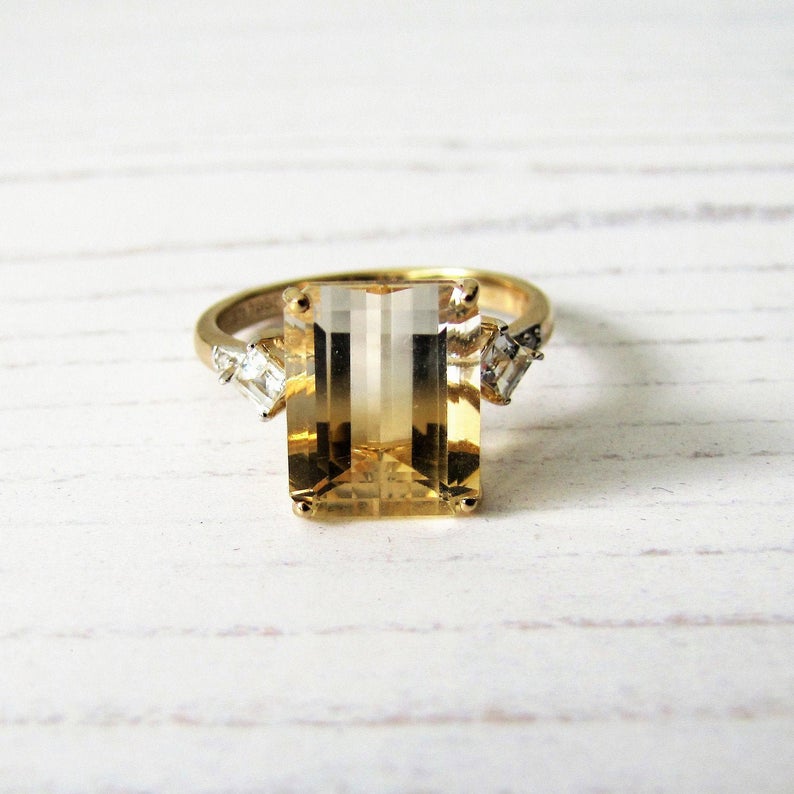 9ct Gold Emerald Cut Bi-Color Citrine Ring. - MercyMadge
