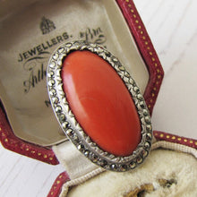 Cargar imagen en el visor de la galería, Art Deco Silver Marcasite &amp; Red Coral Ring. 1930s Statement Ring, Sterling Silver
