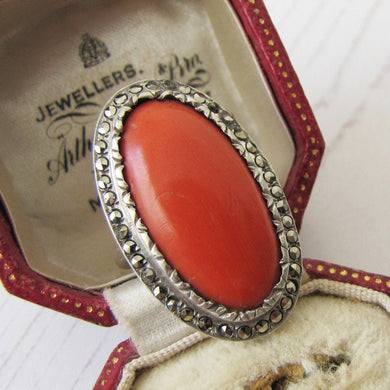 Art Deco Silver Marcasite & Red Coral Ring. 1930s Statement Ring, Sterling Silver