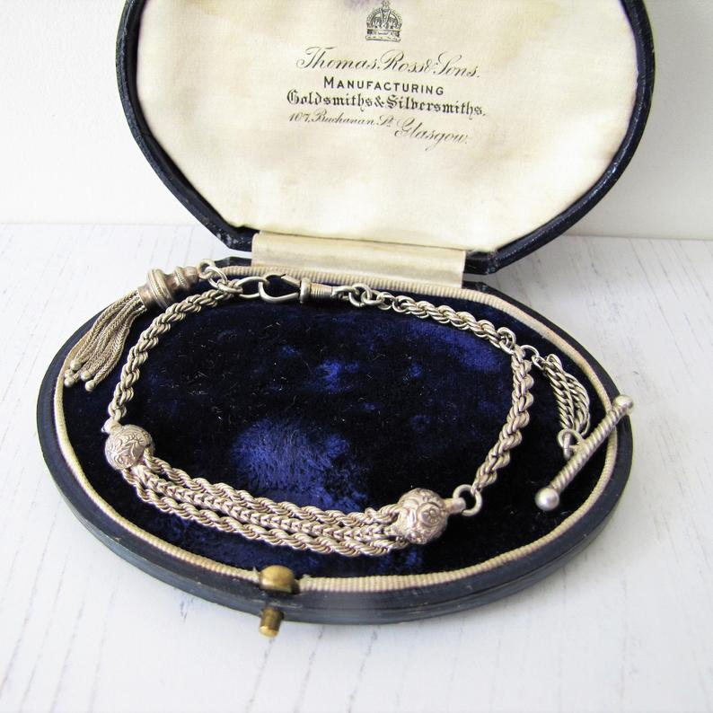 Antique Silver Albertina Bracelet with Tassel Charm, T-Bar & Dog Clip - MercyMadge