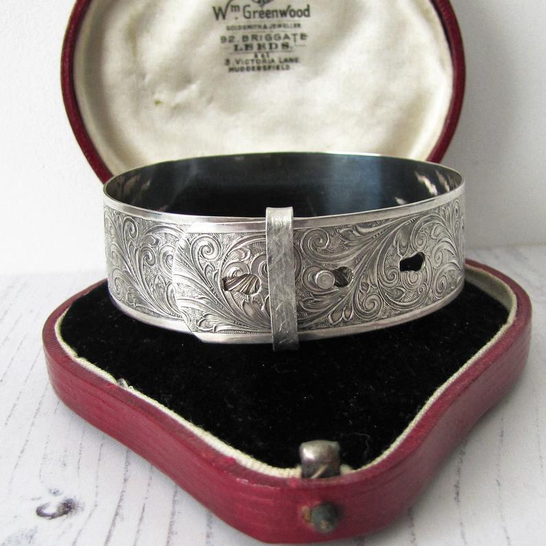 Antique English Sterling Silver Engraved Cuff Bracelet