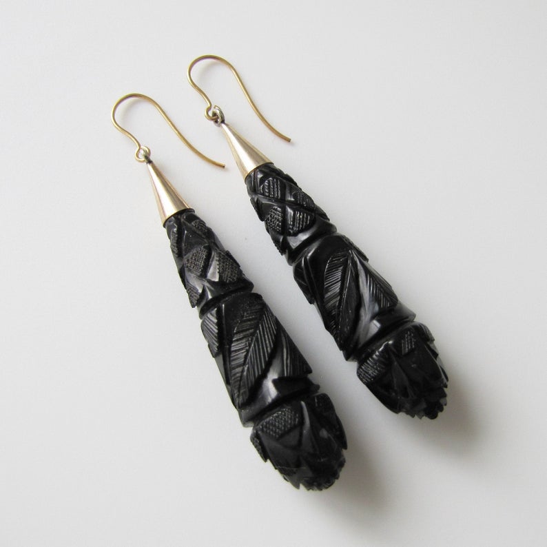 Victorian Whitby Jet Long Torpedo 9ct Gold Earrings