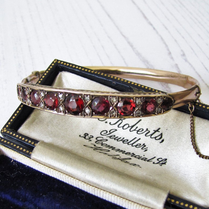 Antique 9ct Rose Gold Garnet & Mine Cut Diamond Bracelet. - MercyMadge