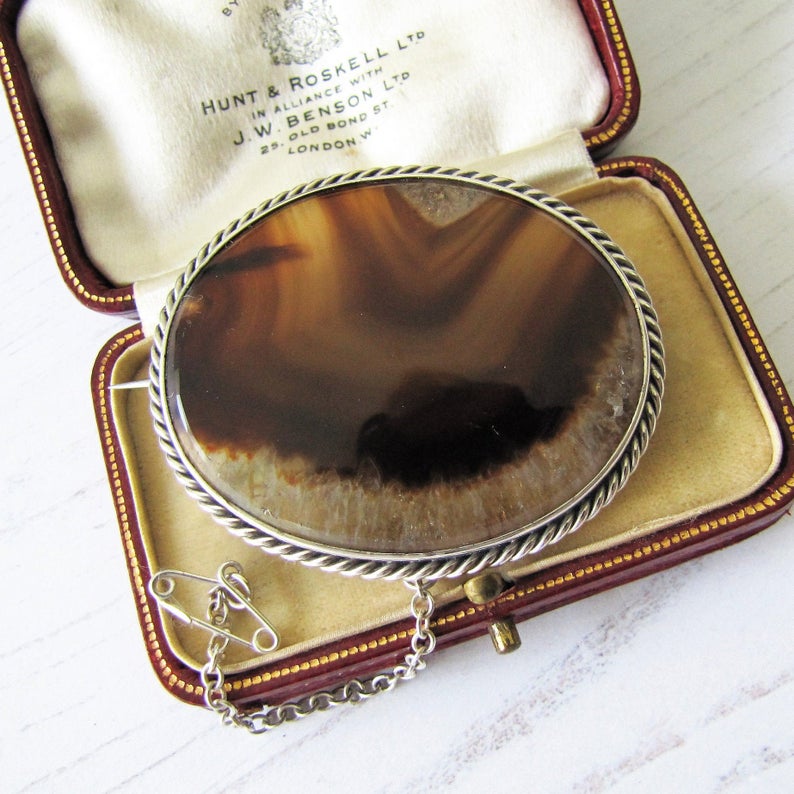Antique Victorian Scottish Agate Sterling Silver Brooch