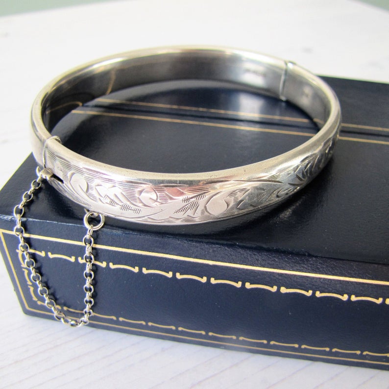 Vintage English Silver Bracelet, Boxed, Charles Horner, Aesthetic Engraved. - MercyMadge