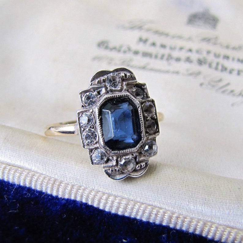 Art Deco 9ct Gold Paste Diamond & Sapphire Ring - MercyMadge