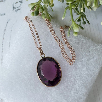 Edwardian 9ct Rose Gold Paste Amethyst Pendant & Chain