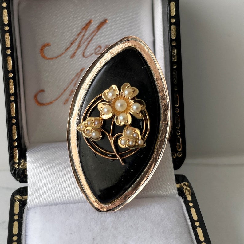 Victorian 9ct Gold, Pearl and Whitby Jet Forget-me-Not Ring – Mercy Madge