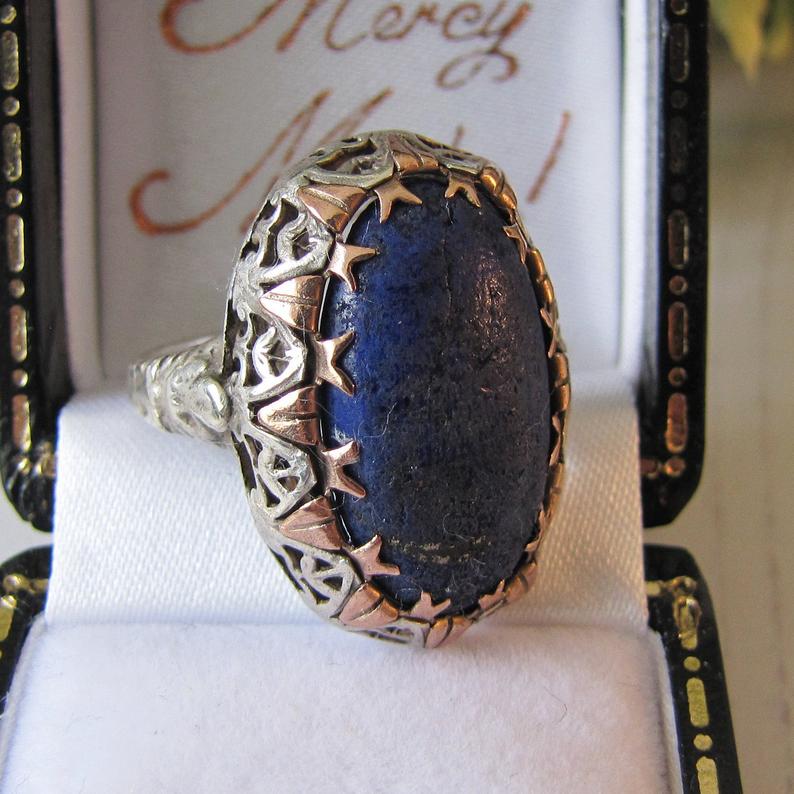 Antique Georgian Ring, Silver Gold & Lapis Lazuli