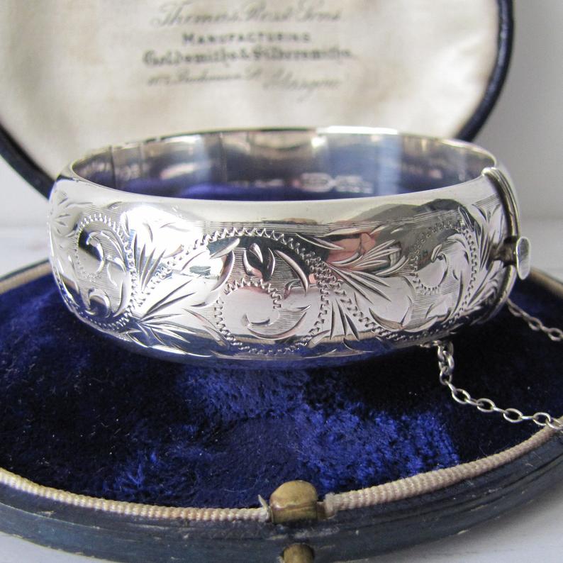 Victorian Style Engraved Silver Vintage Bracelet