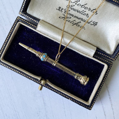 Victorian 15ct Gold Pencil Pendant. Ladies Gold & Turquoise Gem Set Mechanical Pencil Chatelaine Fob. Antique Victorian Jewelry Gift