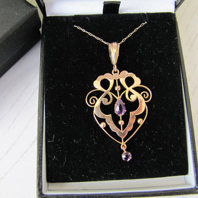 Antique Art Nouveau 9ct Gold and Amethyst Pendant Necklace. Edwardian Lavalier Necklace, S Brothers, England