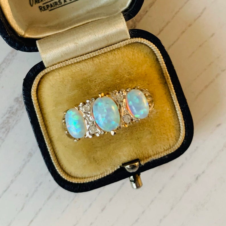 Edwardian Revival 3 Stone Opal & CZ Diamond Ring