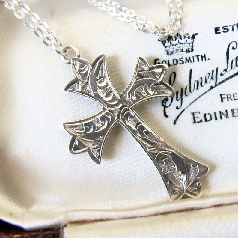 Antique Victorian Engraved Sterling Silver Cross & Chain