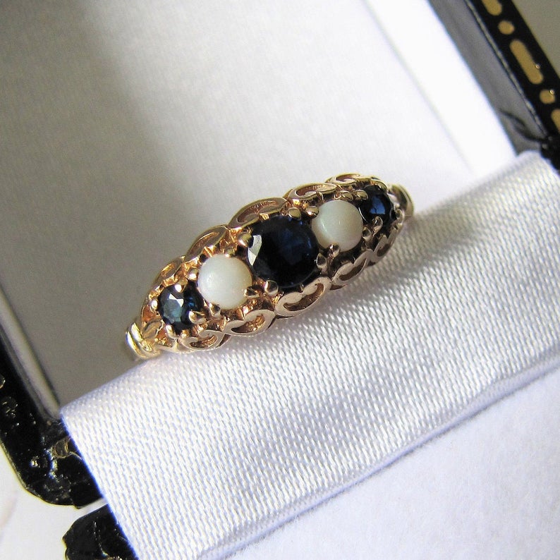 Vintage 9ct Gold, Sapphire & White Opal Victorian Style Ring, London 1984. - MercyMadge