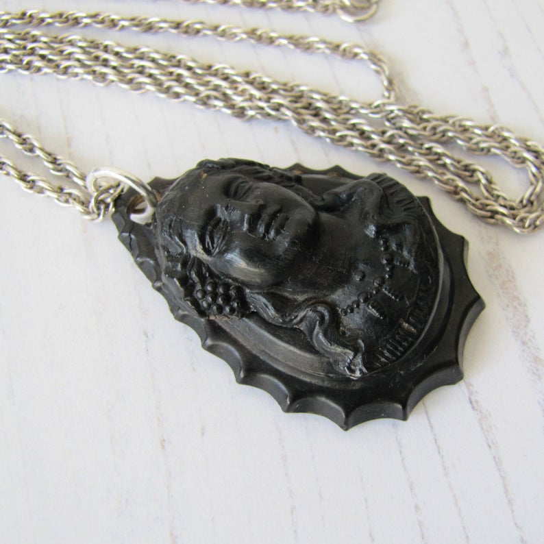 Antique Victorian Pressed Horn Mourning Pendant Necklace