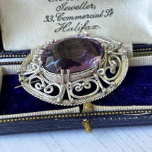 Load image into Gallery viewer, Antique Victorian Amethyst &amp; Silver Celtic Knot Work Brooch. Scottish Cairngorm Jewellery
