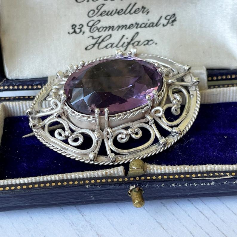 Antique Victorian Amethyst & Silver Celtic Knot Work Brooch. Scottish Cairngorm Jewellery