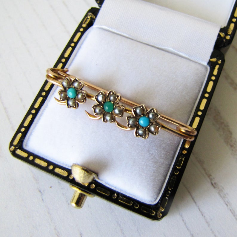 Antique Victorian 15ct Gold, Turquoise & Pearl Stock Pin - MercyMadge