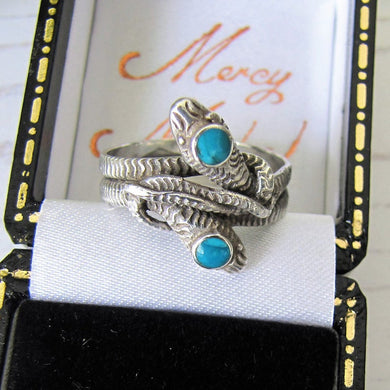 Antique Turquoise & Silver Double Snake Ring - MercyMadge