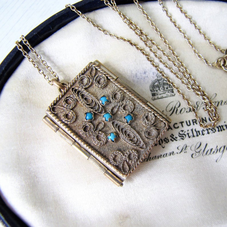 Victorian Gilt & Turquoise Book Locket, Gilded Silver Cannetille Filigree - MercyMadge