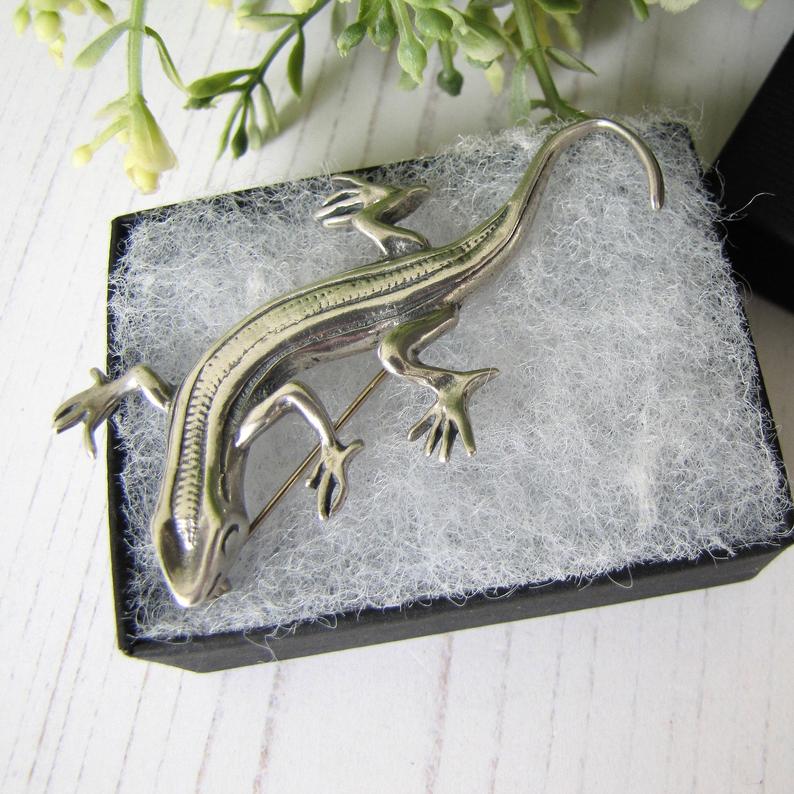 Vintage Sterling Silver Lizard Brooch, Mexico
