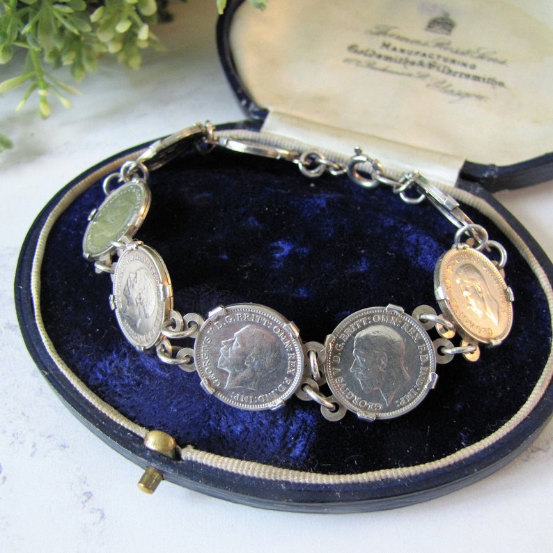Vintage British 1930s Thrup'nny Bit Silver Coin Bracelet