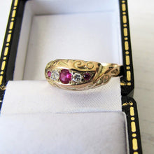 Cargar imagen en el visor de la galería, Antique Edwardian 9ct Gold, 5 Stone Diamond &amp; Ruby Ring, Chester 1909 - MercyMadge
