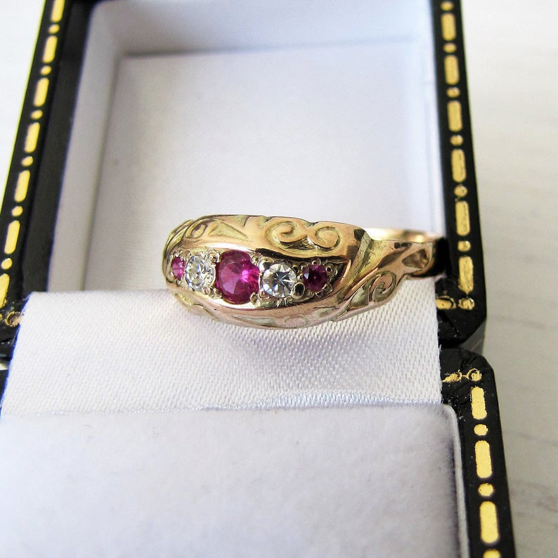 Antique Edwardian 9ct Gold, 5 Stone Diamond & Ruby Ring, Chester 1909 - MercyMadge