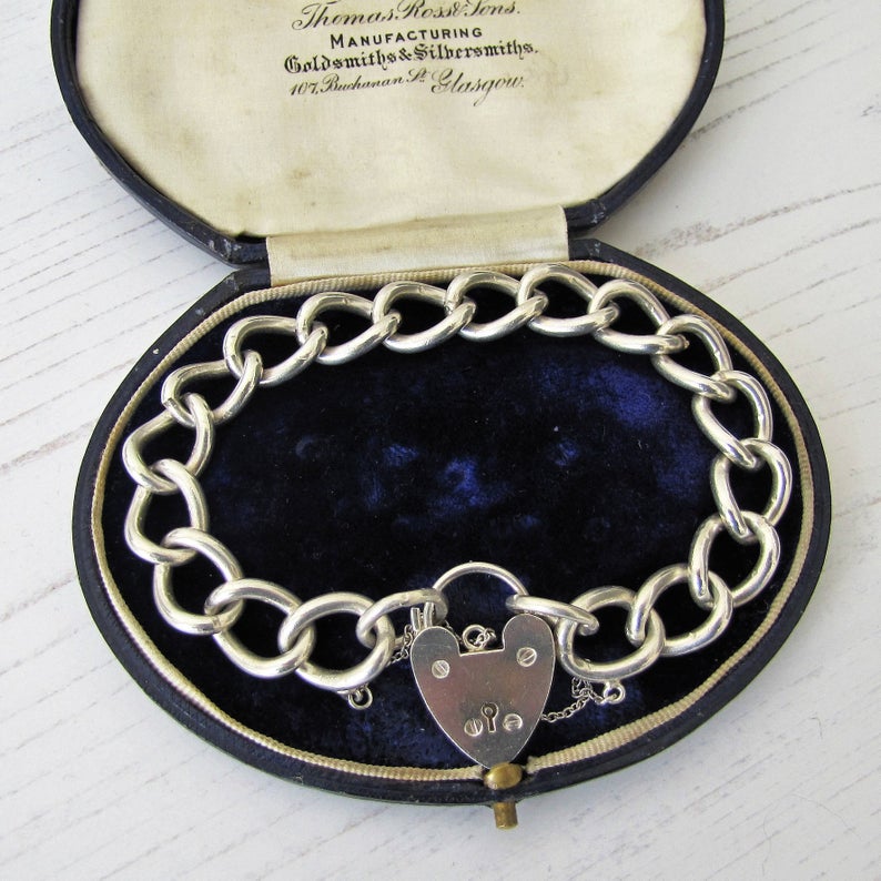Victorian Silver Curb Chain Bracelet, Heart Padlock Clasp - MercyMadge