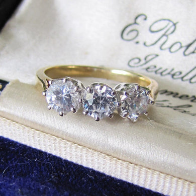 Vintage 9ct Gold & White Zircon 3 Stone Trilogy Ring, Edwardian Revival