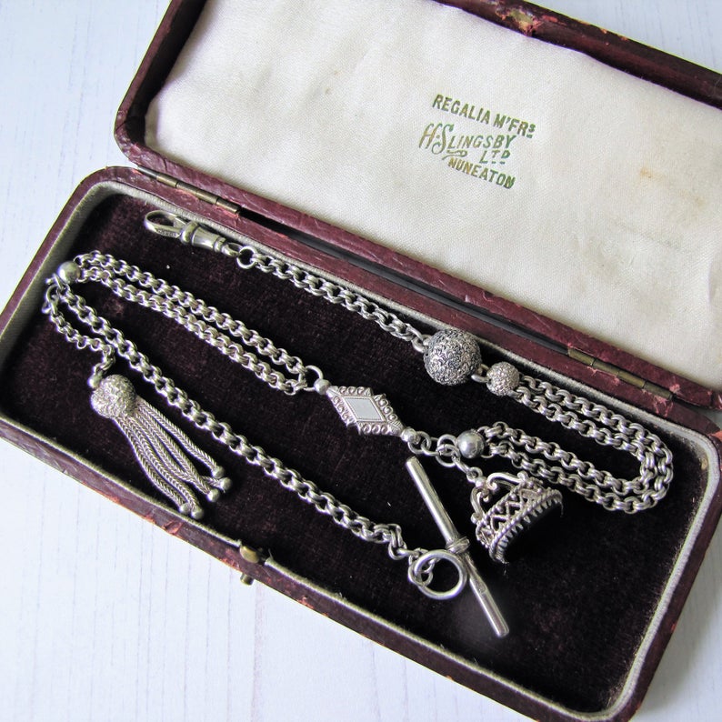 Antique Silver Albertina with Charms, Fob, T-Bar & Dog Clip - MercyMadge