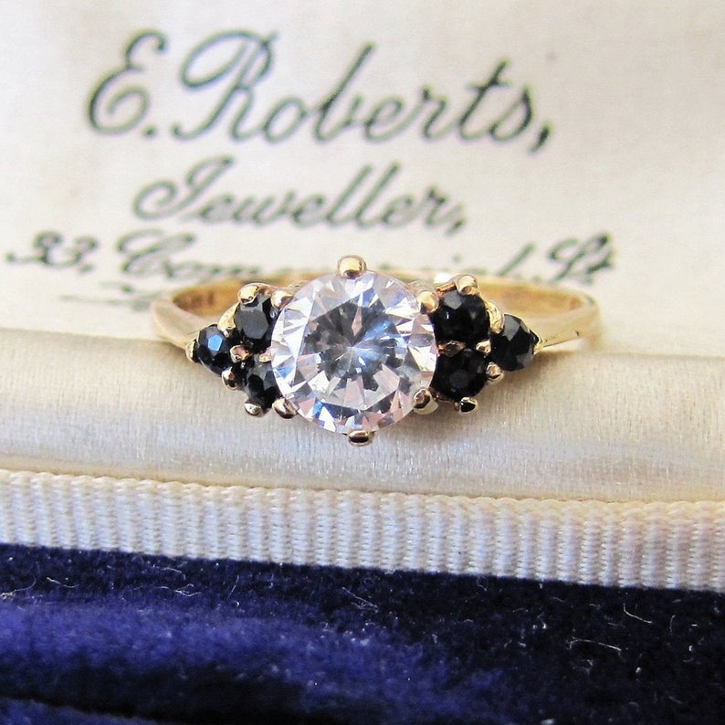 Vintage 9ct Gold Sapphire & CZ Diamond Ring, London 1981. - MercyMadge