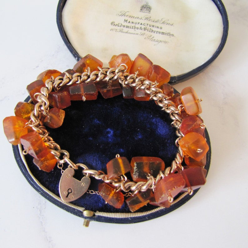 Victorian 9ct Rose Gold Amber Charm Bracelet With Heart Padlock Clasp - MercyMadge