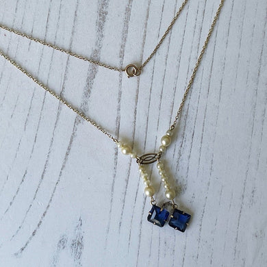 Edwardian 9ct Gold, Pearl & Sapphire Negligee Necklace. Antique Asymmetric Pendant Drop Gold Chain Necklace