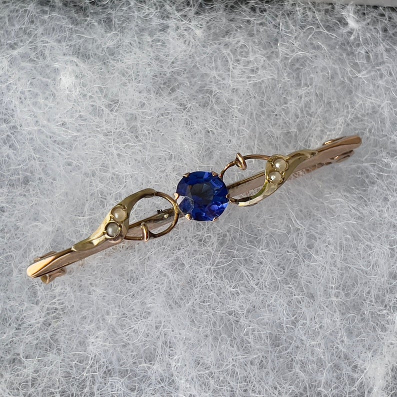 Antique 9ct Gold, Blue Iolite & Pearl Stock Pin
