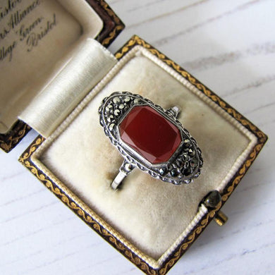 Art Deco Carnelian Silver & Marcasite Ring - MercyMadge