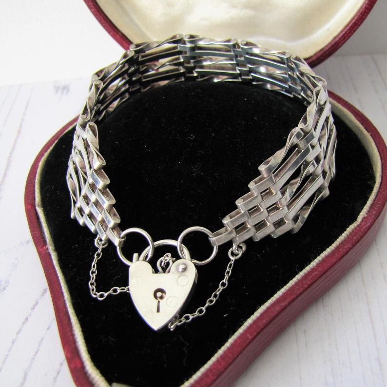 Vintage Silver Gate Bracelet With Heart Padlock