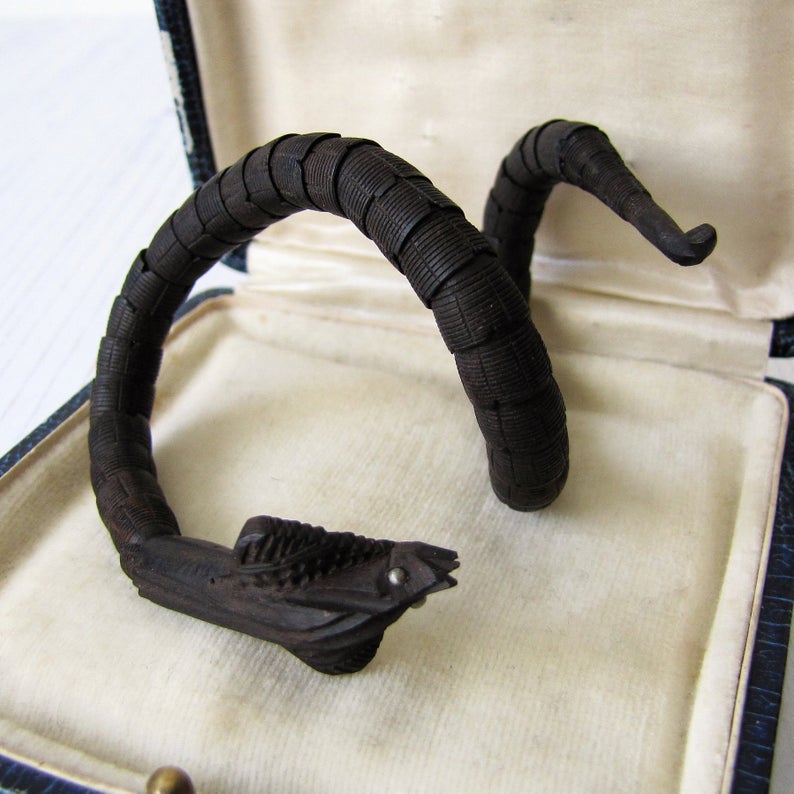 Antique Chinese Carved Victorian Snake Bracelet. Rare Black Nut Wood Articulated Coiled Cobra Bracelet With Silver Eyes.