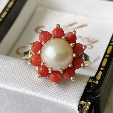 Vintage 9ct Gold, Pearl & Red Coral Flower Ring.