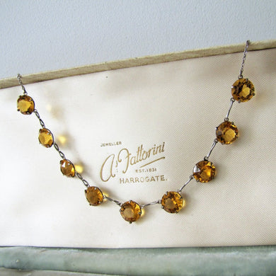 Art Deco Citrine Necklace, Sterling Silver Czech Glass Crystal Necklace. - MercyMadge