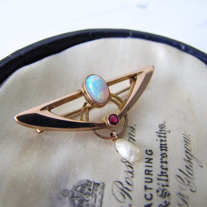 Murrle Bennett Art Nouveau Opal, Ruby & Pearl 9ct Gold Brooch - MercyMadge