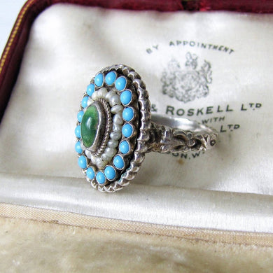 Antique Austro Hungarian Turquoise & Pearl Ring - MercyMadge